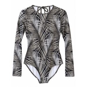Tommy Bahama Womens One Piece Swimsuit Black Palm Print Long Sleeve S